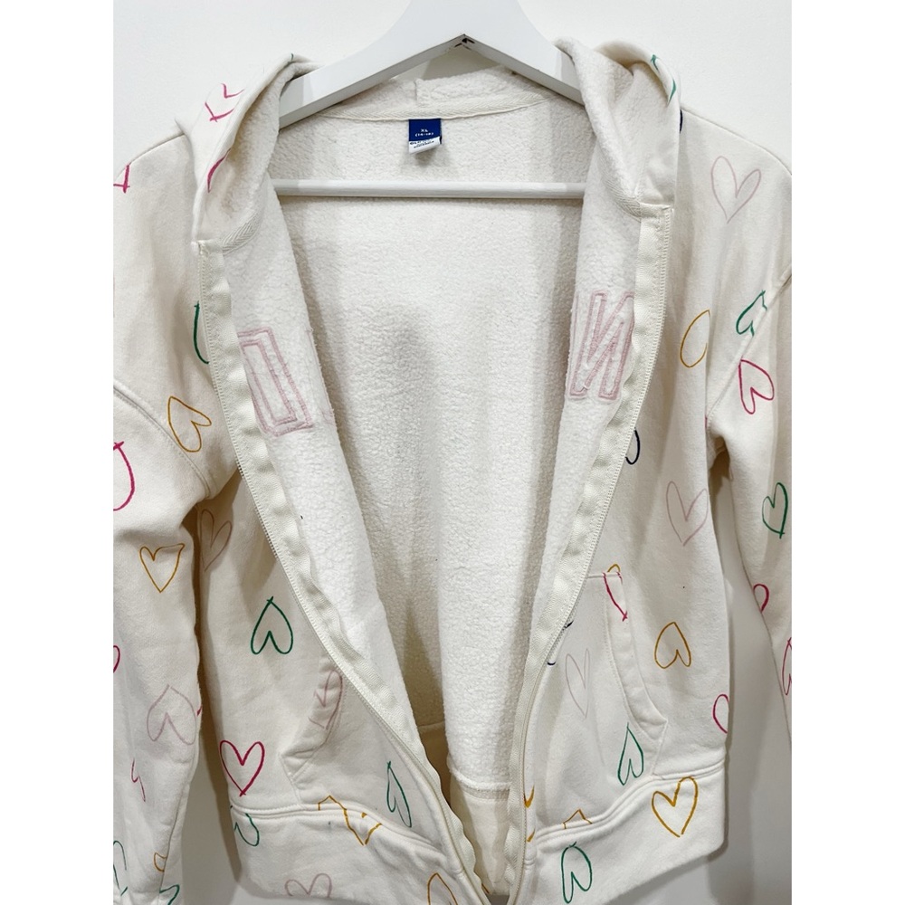 Old Navy Girls Heart Print Fleece Lined Zip Hoodie Jacket XL 14-16 White - Picture 9 of 9
